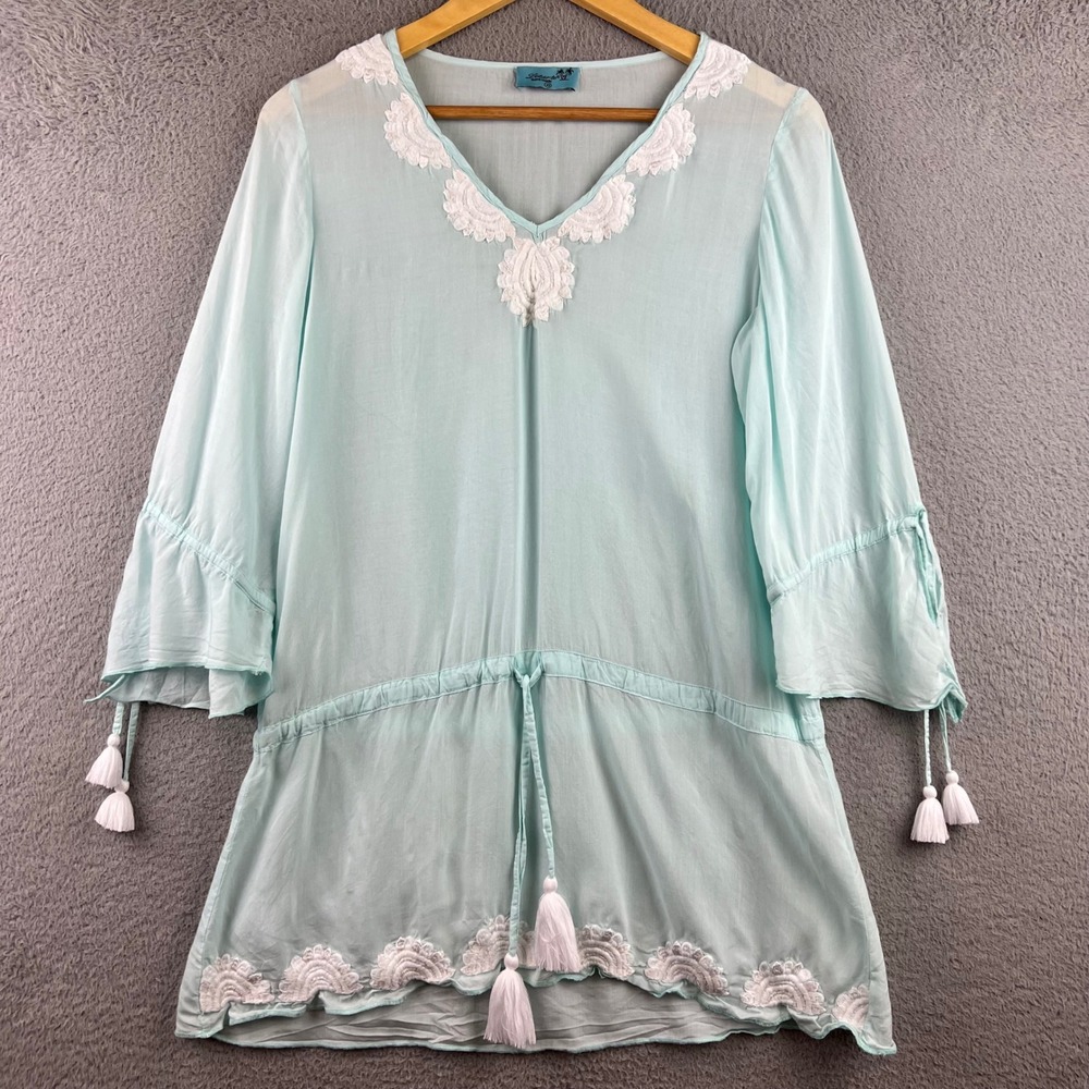 Letarte Hand Made Aqua Blue Embroidered Tassel Tunic Top XS